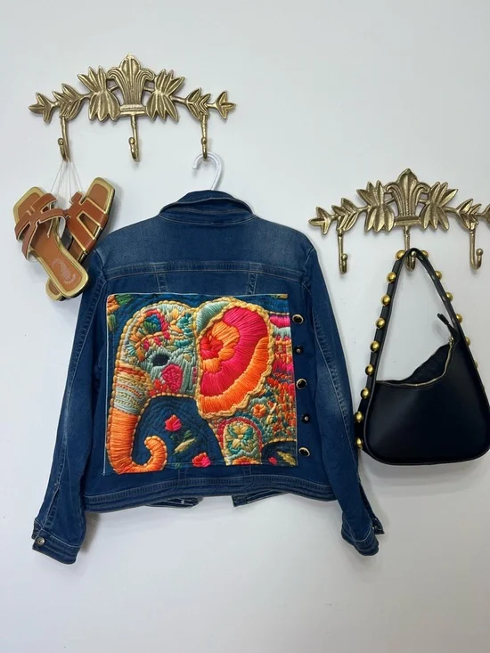 “Empress Elephant Upcycled Denim Jacket” Xl - Picture 1 of 7